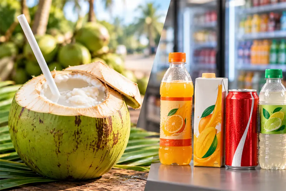A freshly opened coconut beside a shelf of packaged bottled and canned drinks