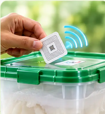 Hand placing an RFID tag on a green-lidded consumable container