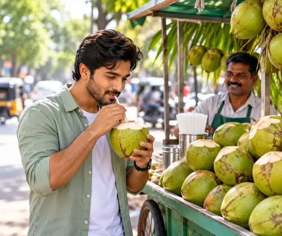 Man drinking from a whole coconut at a roadside cart