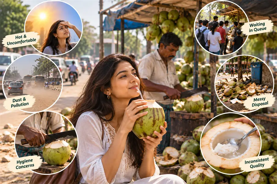 Woman drinking from a coconut at a roadside stall, with callouts for heat, dust, hygiene, queues, messy disposal and inconsistent quality