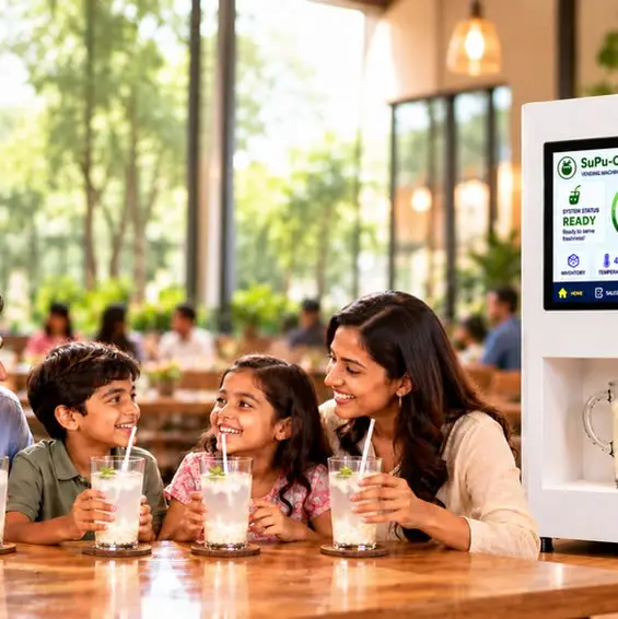 Children and their mother smiling with glasses of tender coconut water beside the SuPu COCO machine
