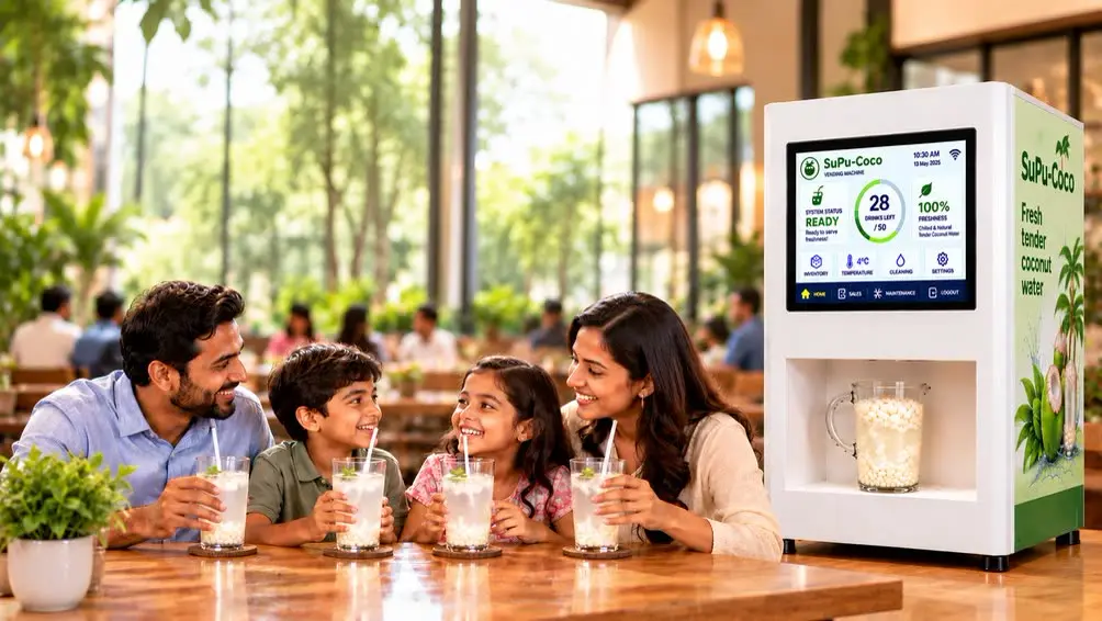 Family enjoying tender coconut water at a restaurant table beside a SuPu COCO machine
