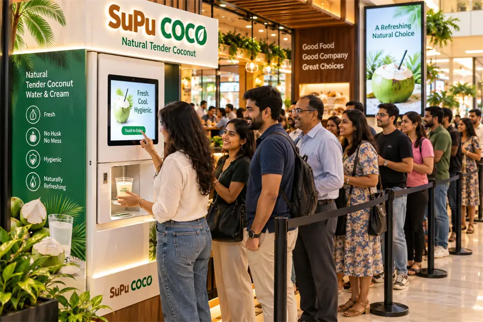 Customers queueing at a SuPu COCO machine in a shopping mall