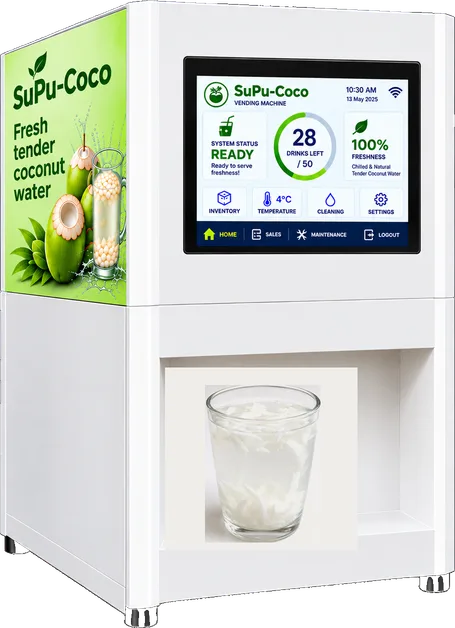 SuPu COCO vending machine with touch screen and a glass of tender coconut water in the bay